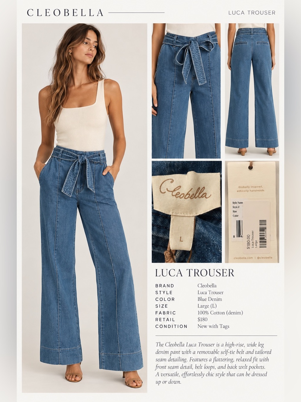 Cleobella Blue Denim Wide-Leg Luca Trouser with Self-Tie Belt